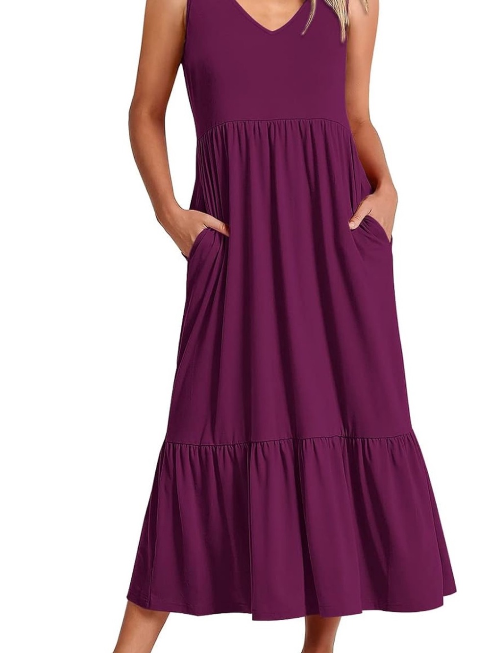 Sleeveless V-Neck Tiered Maxi Dress in Plum